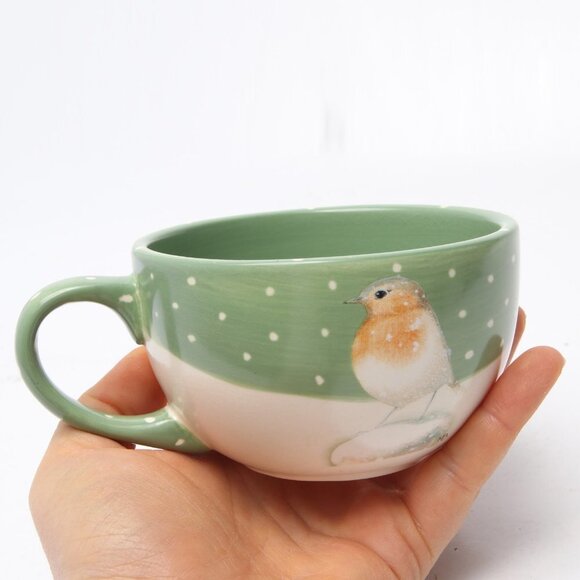 Vintage Hallmark Marjolein Bastin Snow Bird Ceramic Mug Dutch Artist Cup Green - Picture 2 of 8